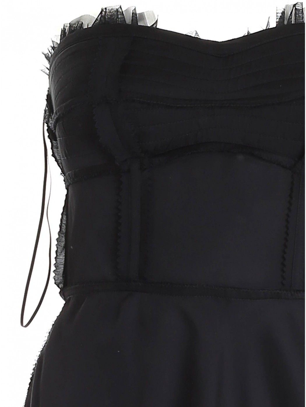 Loose fit dress Black color Raw cut finishes Tone-on-tone tulle details Flounce on the bottom Padded cups Side zip closure  MOSC